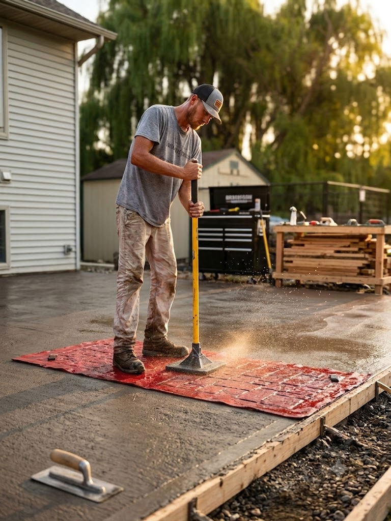 Cole Gustafson, owner of RockHard Custom Concrete, tamping a stamped concrete pour in Shakopee, MN