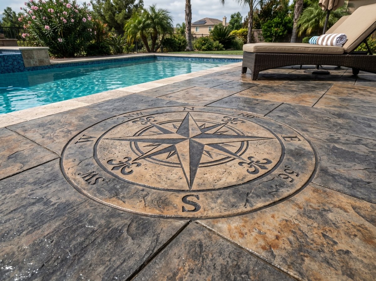 Custom architectural stamped compass rose medallion pool deck accent
