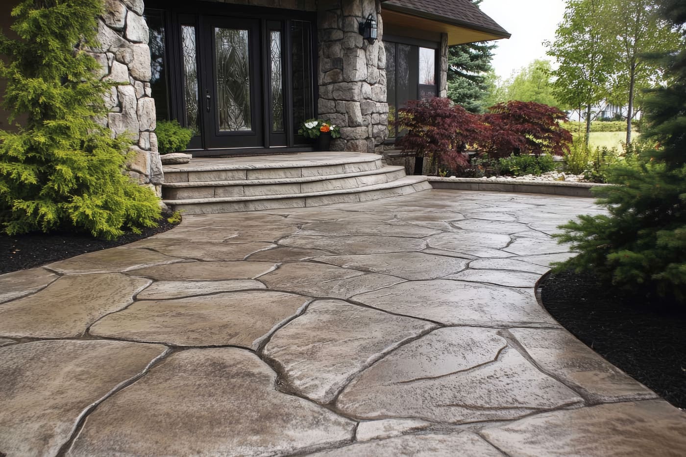 Colored and patterned concrete walkway